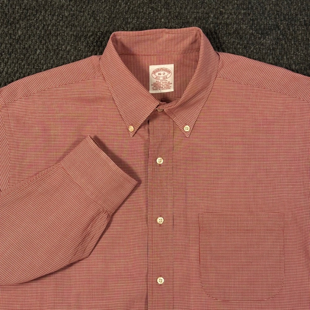 Brooks Brothers Dress Shirt Men 16 32 Red Micro Check Long Sleeve Button Down